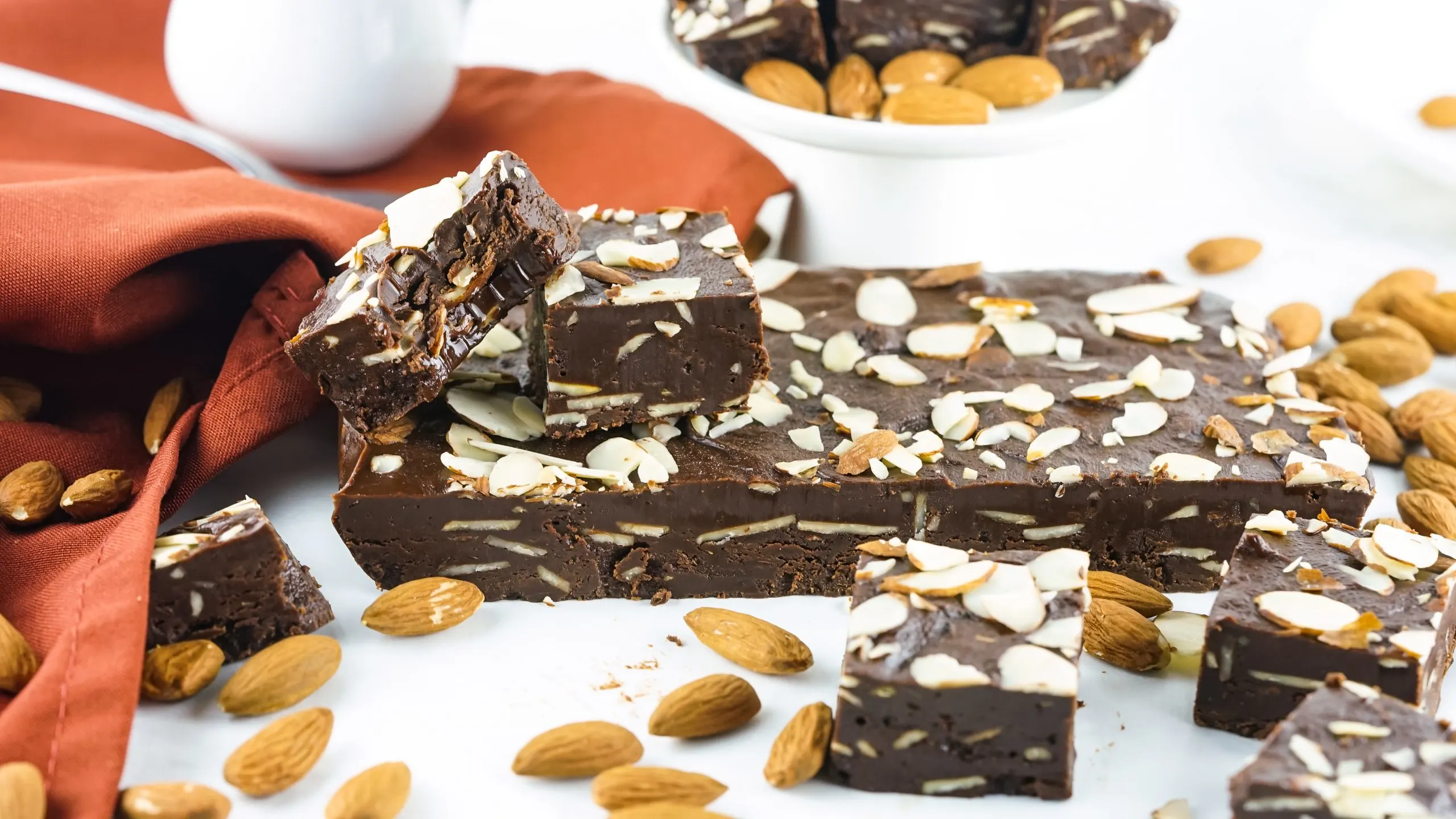 chocolate almond fudge ready to cut.