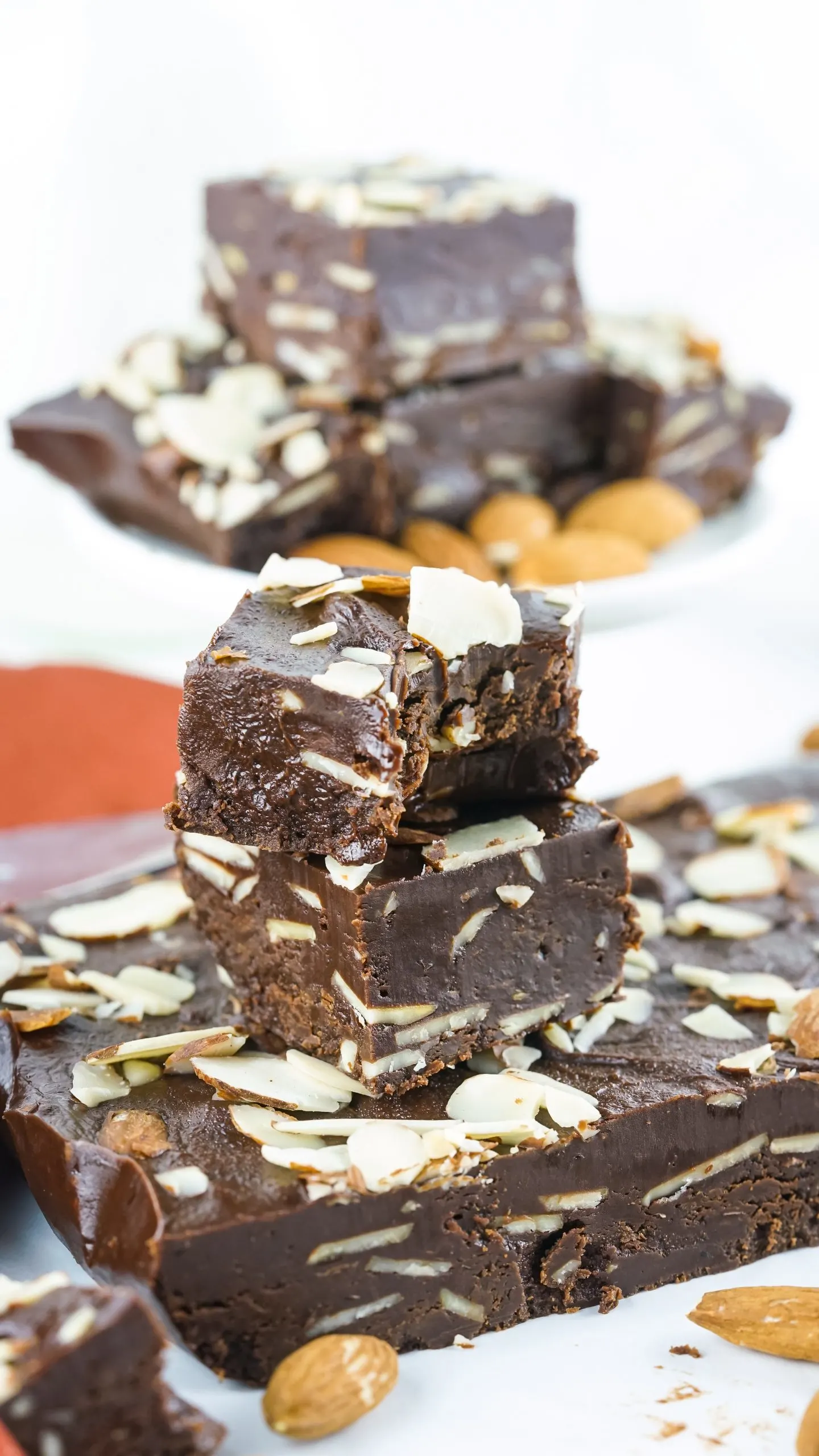 Stacks of chocolate almond fudge.