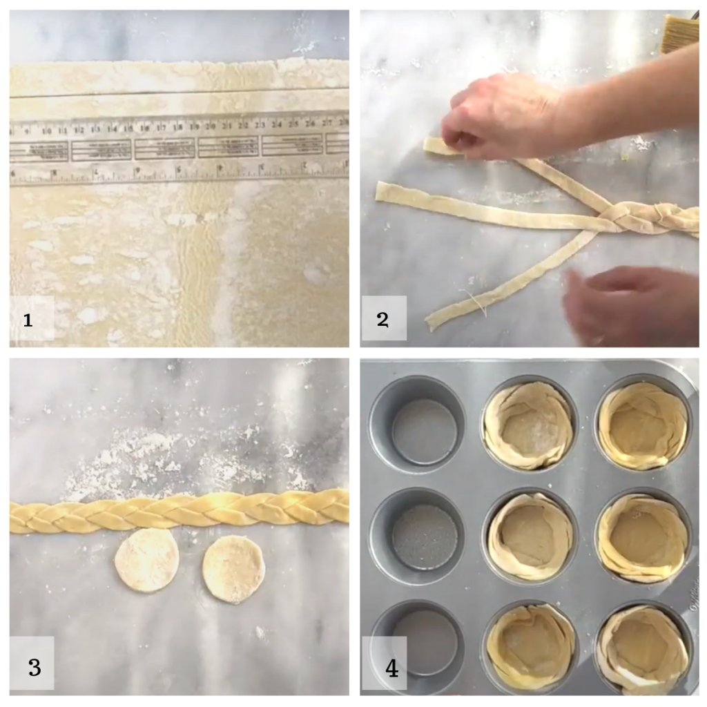4 photo grid of how to make puff pastry baskets