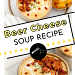 Two photos for Pinterest of cheese soup garnished with bacon and thyme.