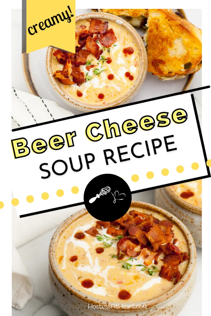 Two photos for Pinterest of cheese soup garnished with bacon and thyme.