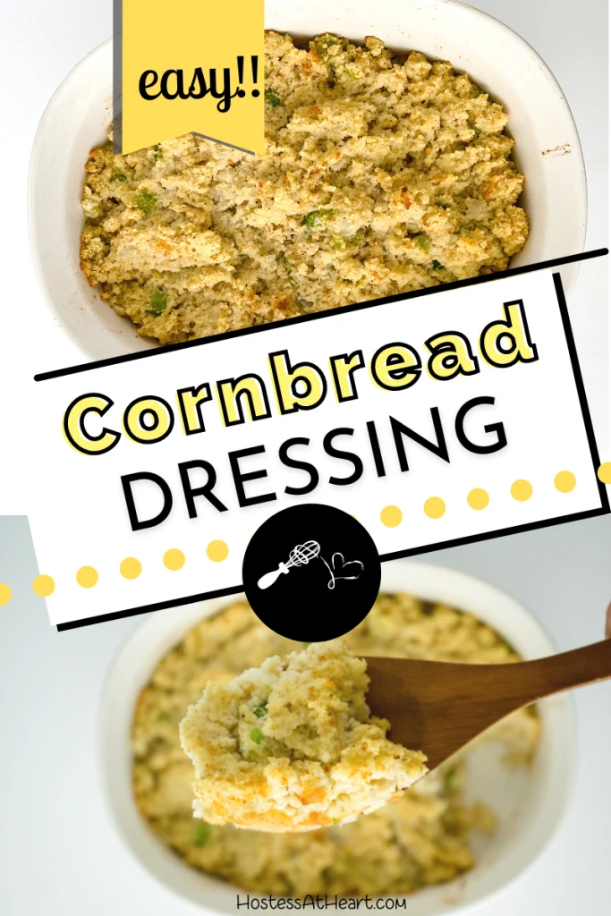 Two photo collage for pinterest of cornbread dressing