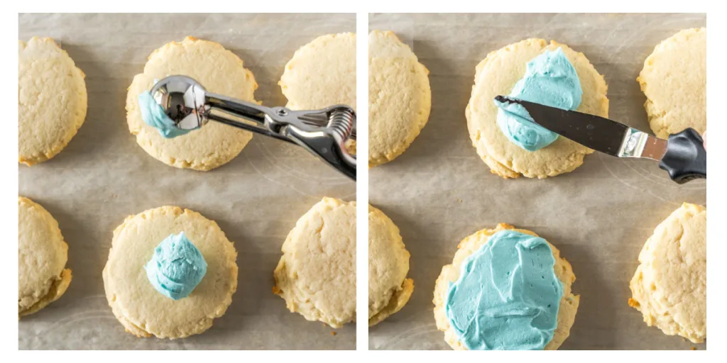 Two photo grid of a scoop of frosting added to the top of a cookie and then being spread out.