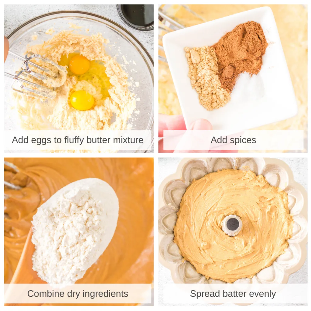 4 grid photo showing how to mix gingerbread cake batter