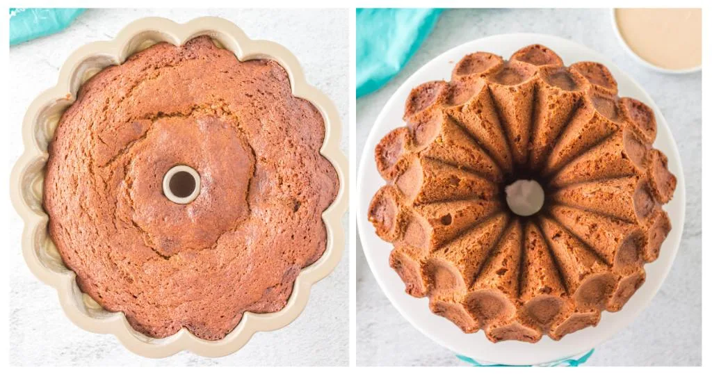2 photos of a baked cake in a bundt pan and a cake released from the pan.