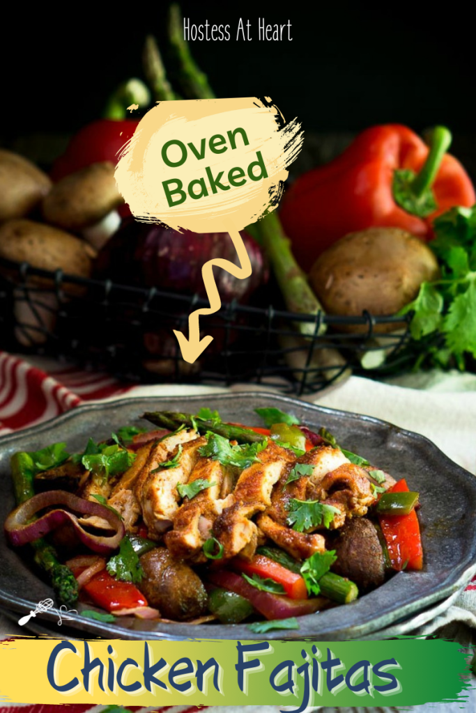 Oven-Baked Chicken Fajitas on a metal plate.