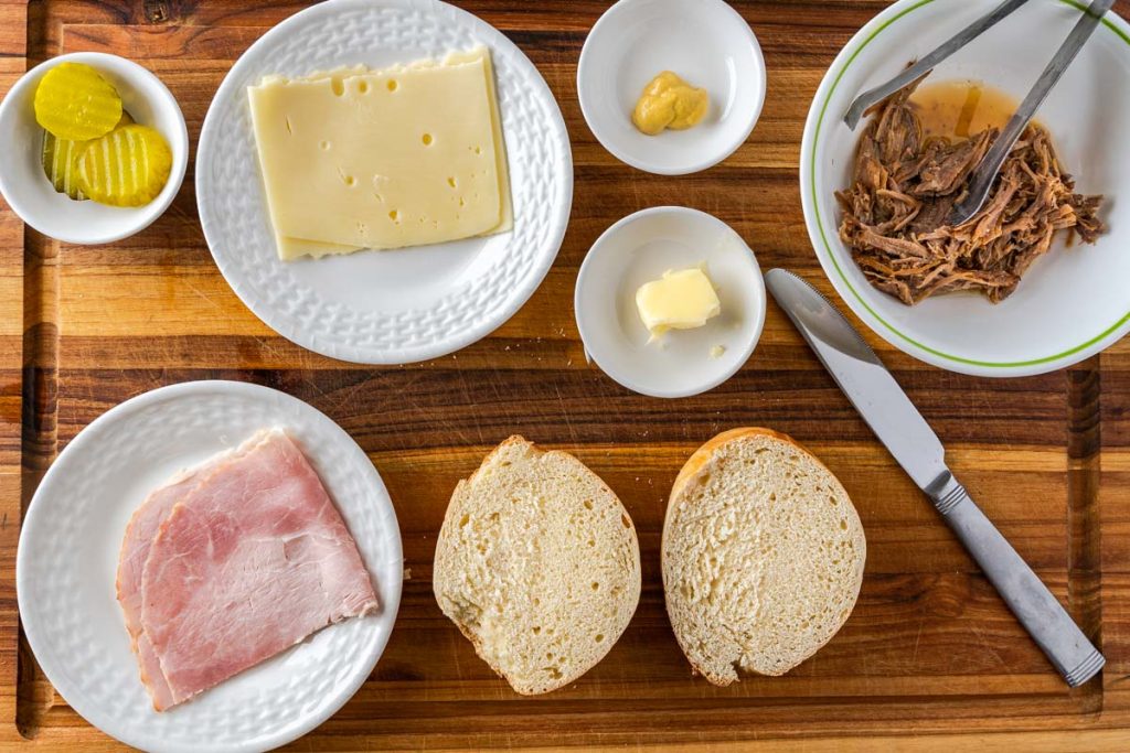 Ingredients used to assemble a cuban sandwich