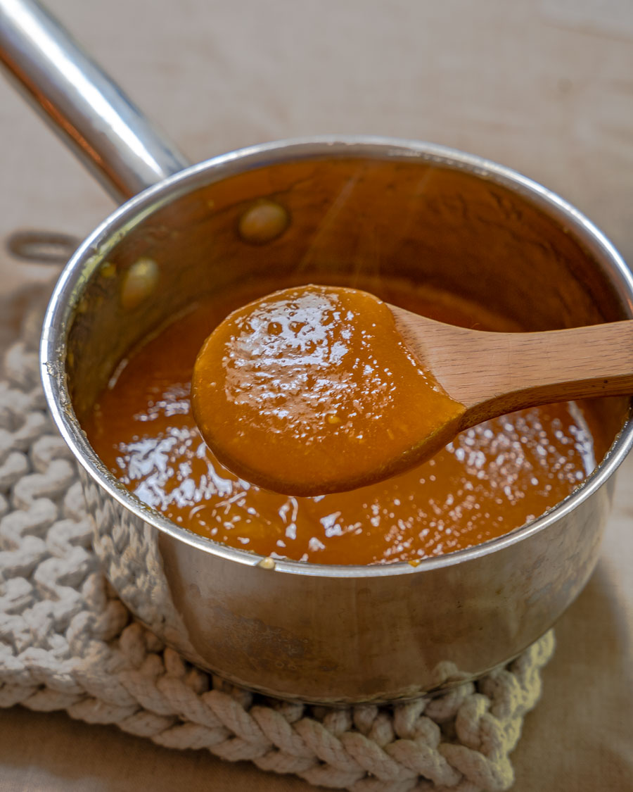Peach glaze cooked until thick.