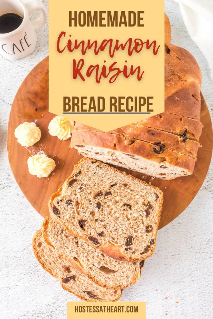 Top down view of a sliced loaf of Raisin Bread with slices laying in front of the loaf.