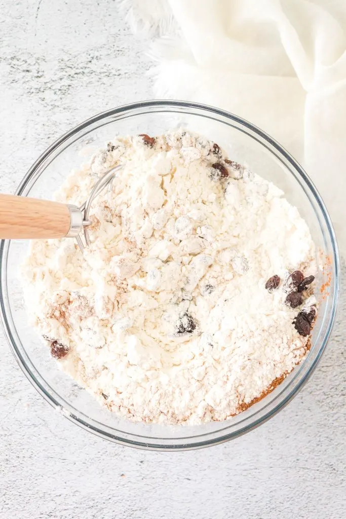 Raisins mixed into flour.