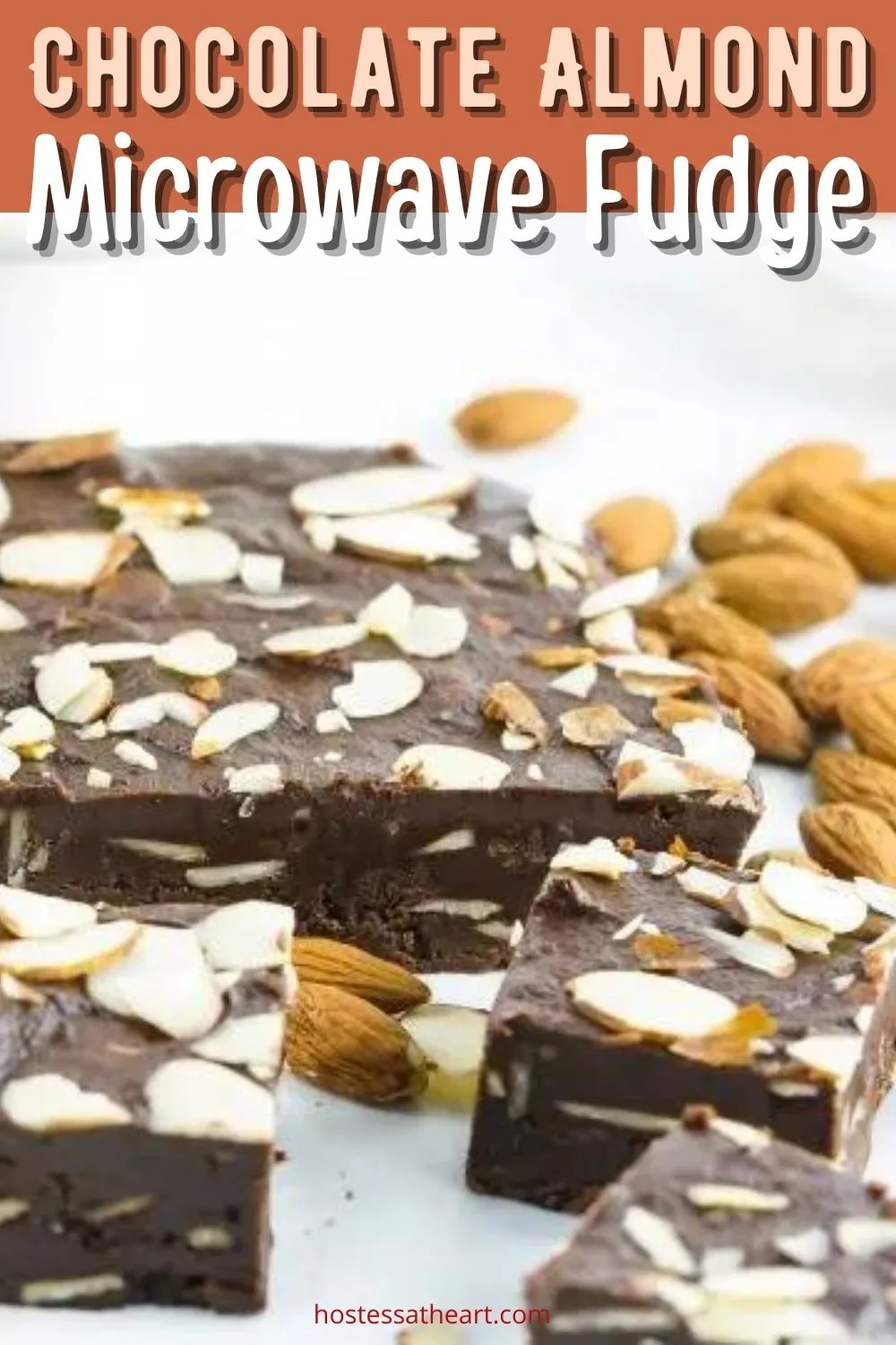 A graphic of chocolate fudge with shaved almonds. The title chocolate almond microwave fudge runs across the top for Pinterest.