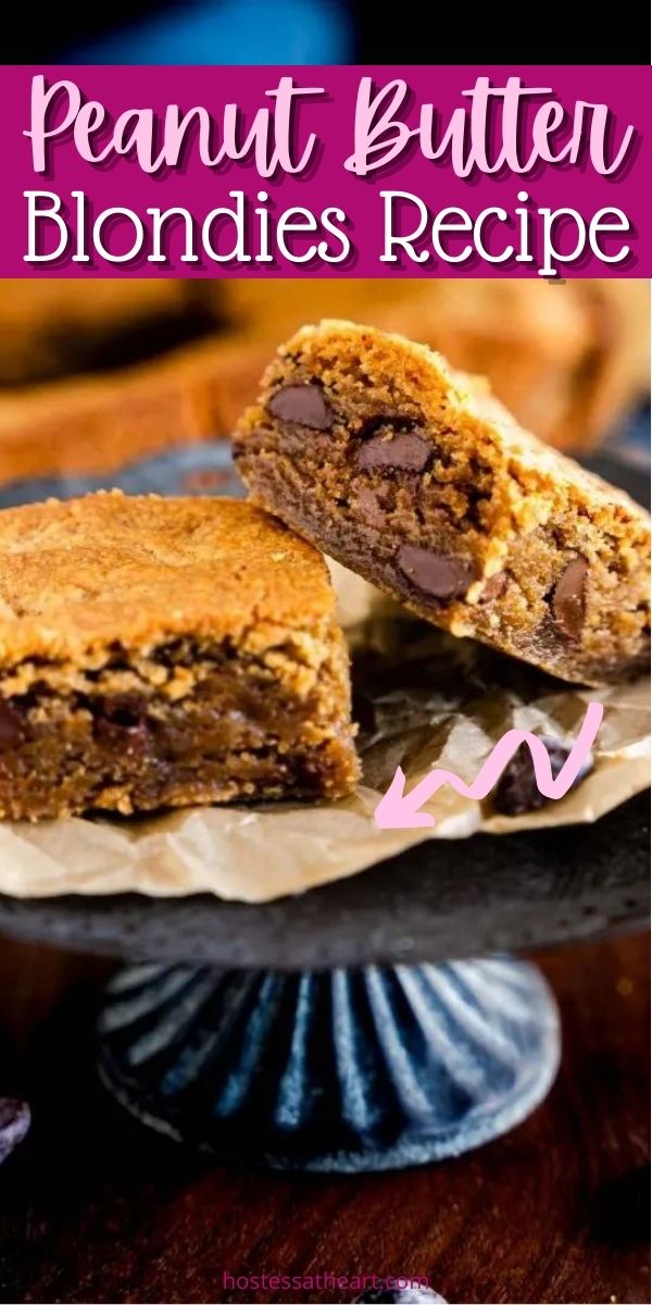 A image for Pinterest of two peanut butter brownies dotted with chocolate chips.