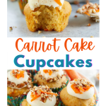Two photo collage for Pinterest. Top image is a cupcake with a bite taken out of it showing a moist center. The bottom photo is a plate of cupcakes frosted and topped with grated carrots and pecans.