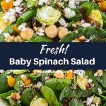 Close up of a baby spinach salad filled with brussels sprouts, quinoa and chickpeas then drizzled with balsamic vinaigrette.
