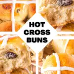 Images of baked hot cross buns. A whole roll and the soft interior dotted with raisins,