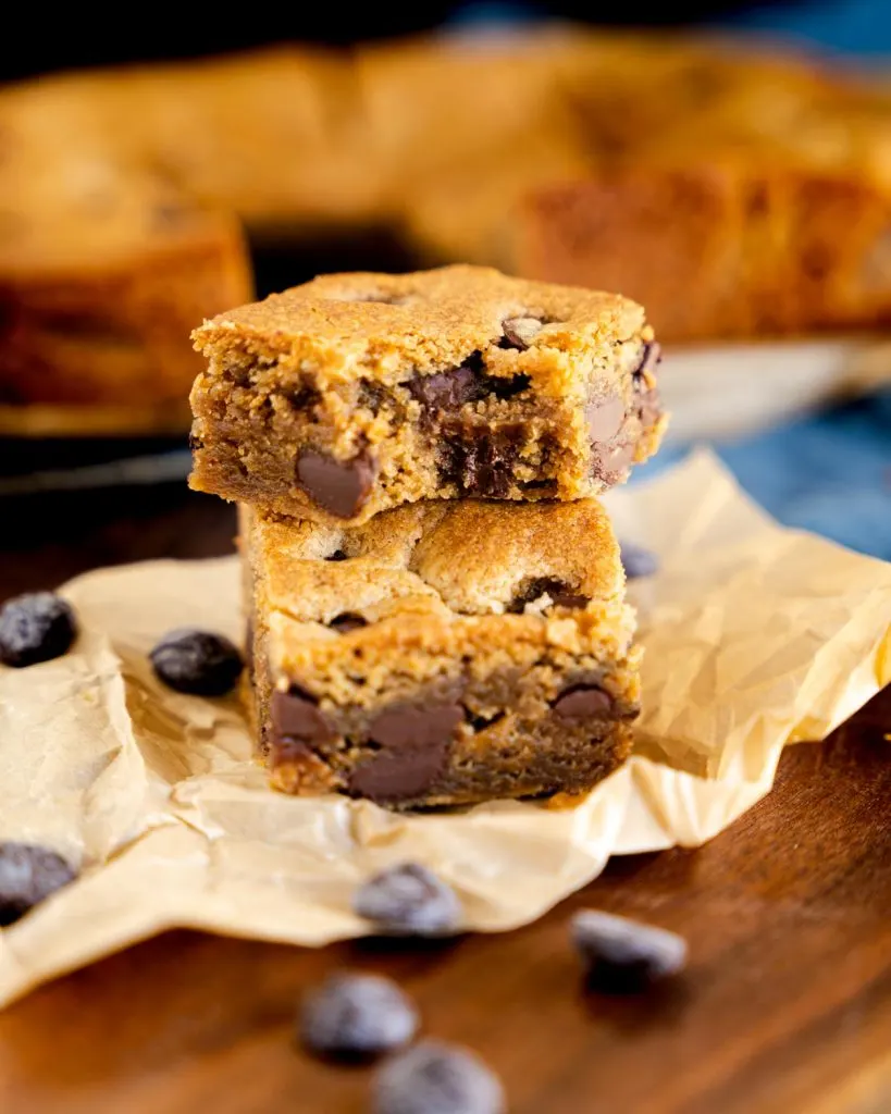 One bite missing. Close up view of blondies.