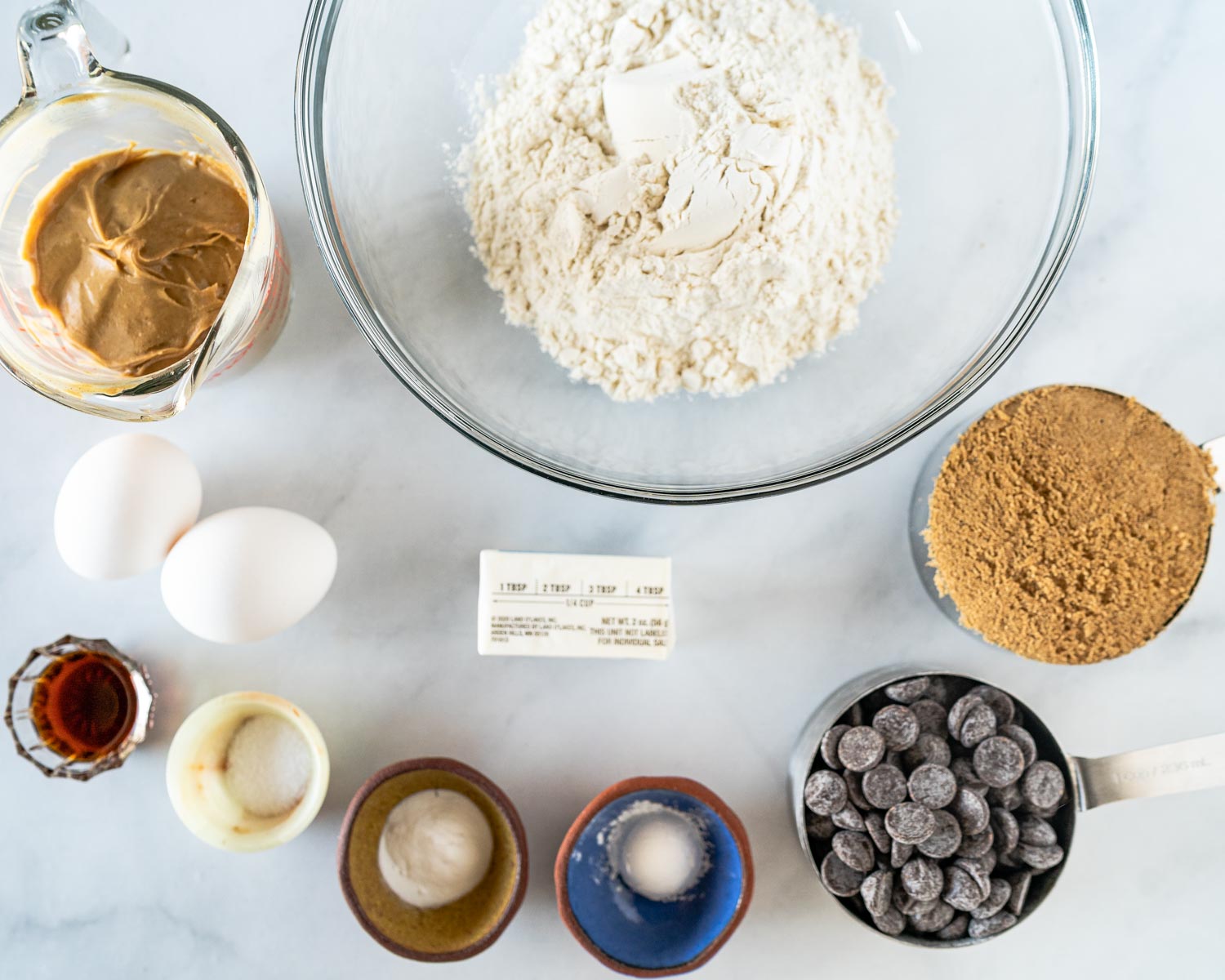 Ingredients: Flour, brown sugar, chocolate chips, eggs, peanut butter, vanilla, salt, baking soda, corn starch.