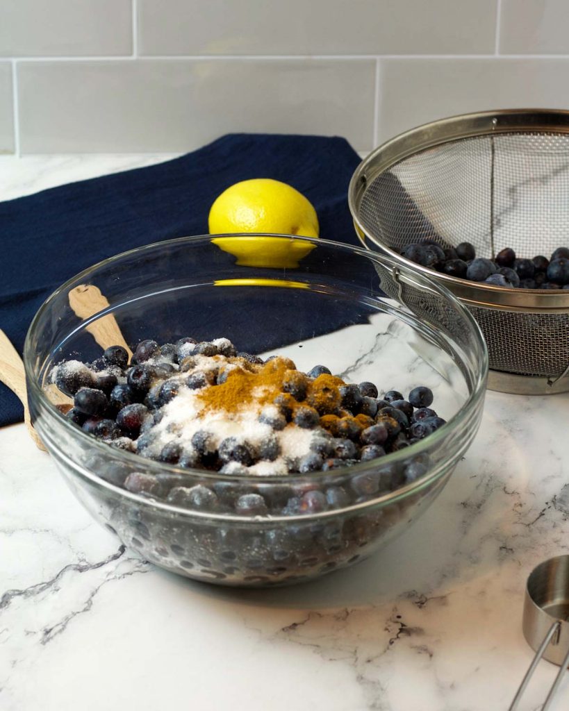 Ingredients in a bowl: blueberries, sugar, cinnamon, vanilla, and lemon juice.