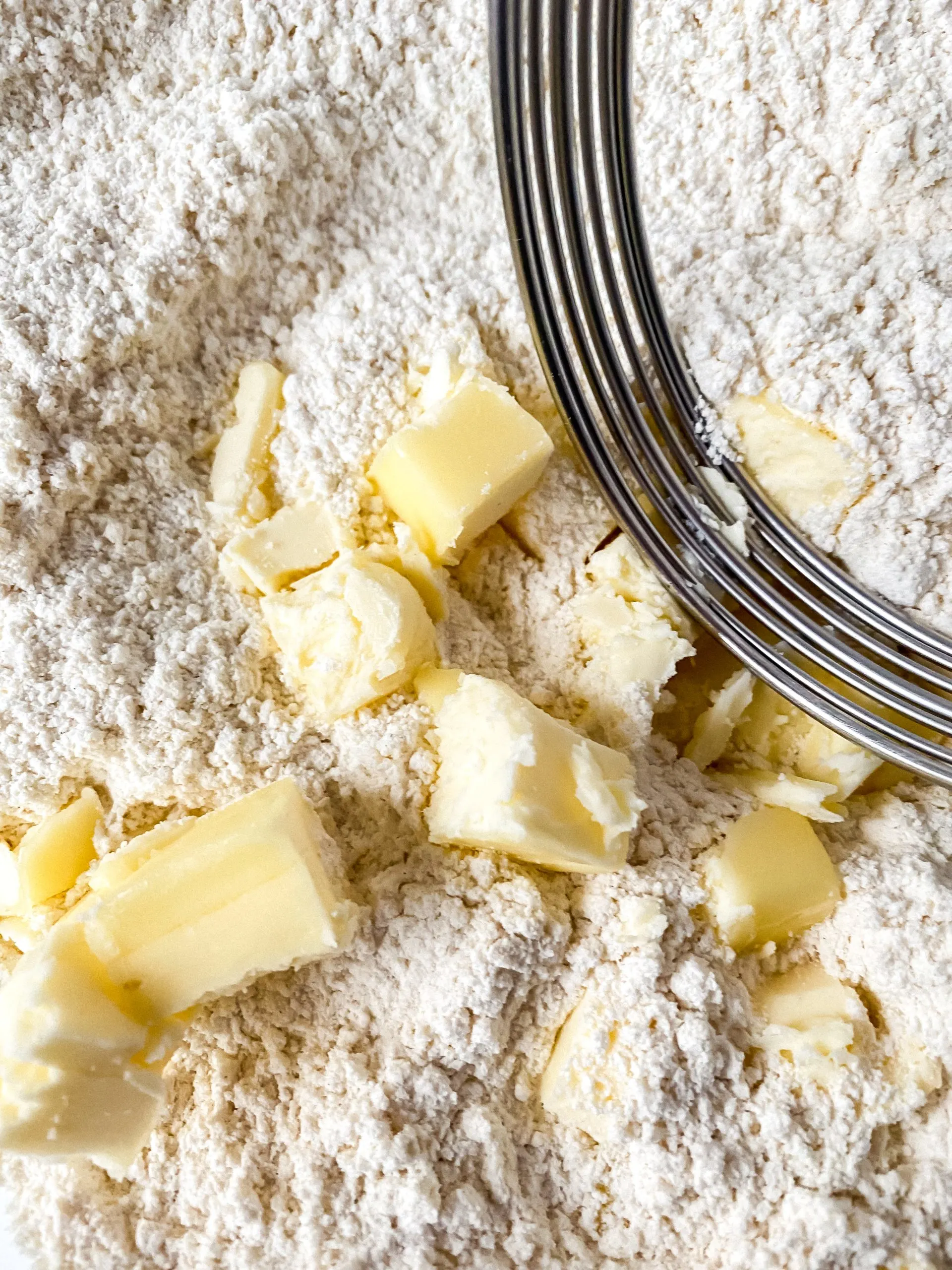 Butter cut into flour with a pastry cutter.