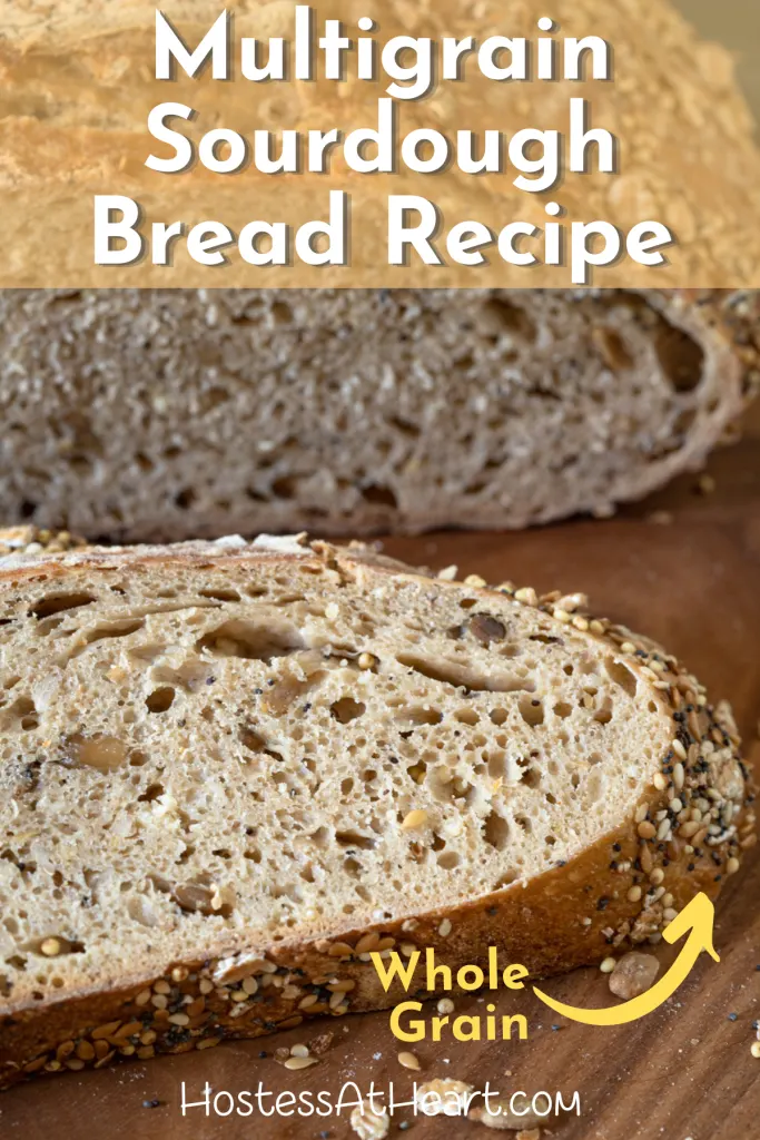 Front view of a slice of Sourdough Multigrain bread loaded with grains and seeds.