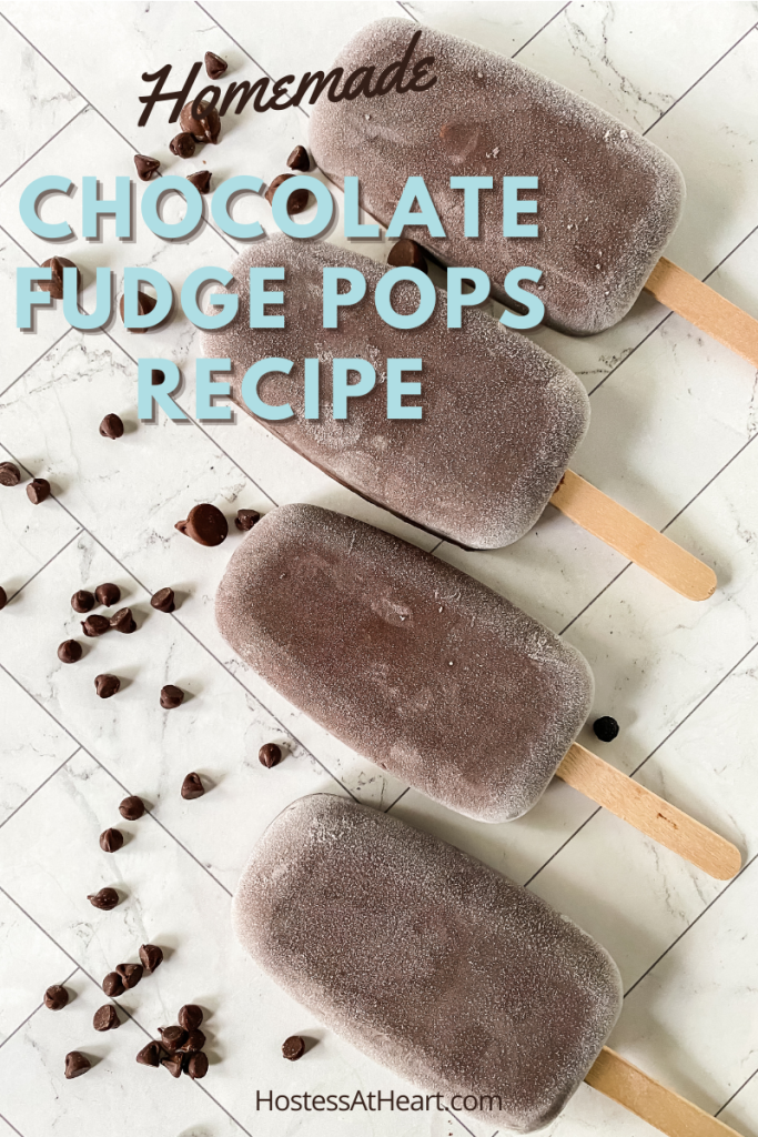 Top down view of chocolate fudge pops surrounded by Chocolate Chips.