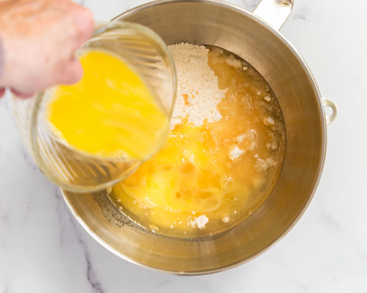 beaten eggs added to cake batter.