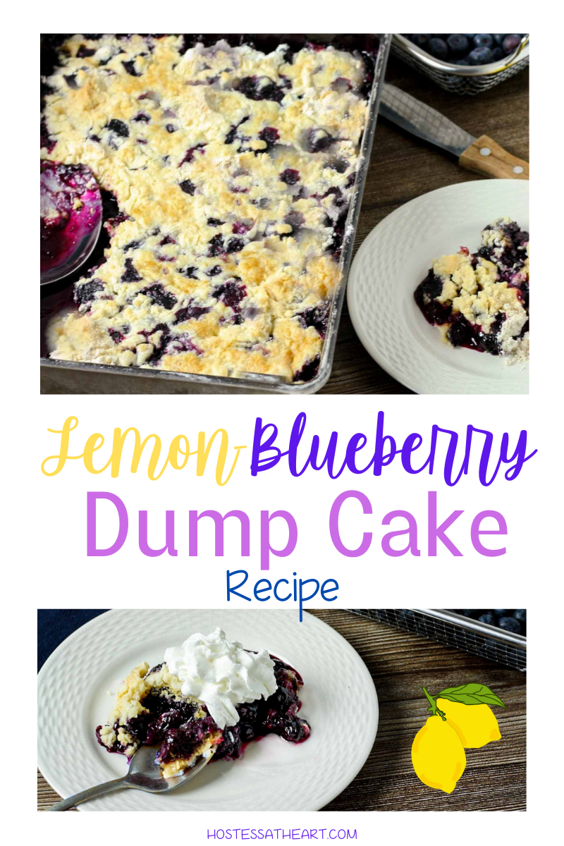 Two photos of a lemon blueberry dump cake topped with whipped topping.