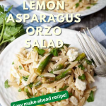 3/4 view of a plate holding wheat orzo pasta, feta, and asparagus.