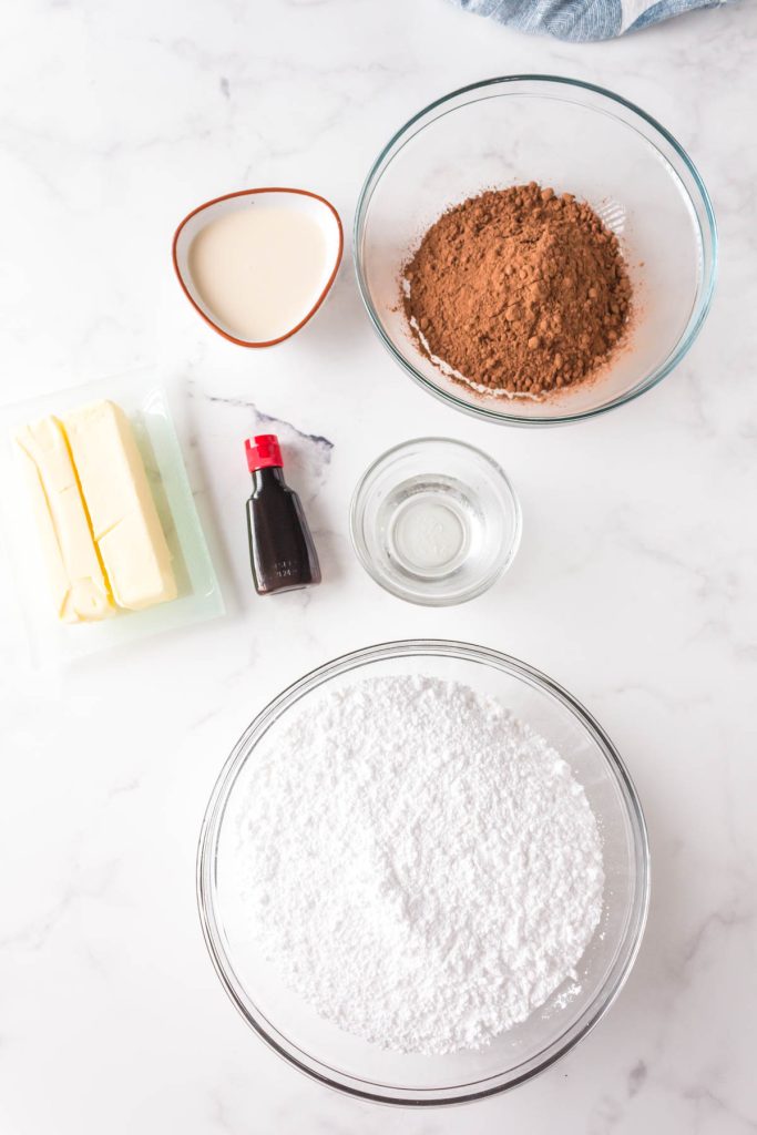 Ingredients: cocoa powder, butter, evaporated milk, powdered sugar, vanilla, corn syrup.