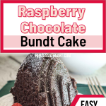 Side view of a piece of chocolate bundt cake with fresh raspberries sitting next to it.