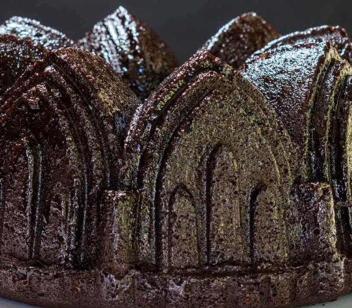 Side view of a Raspberry Chocolate Bundt Cake