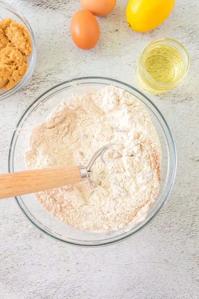 Dry ingredient mixture in a mixing bowl. Top down view.