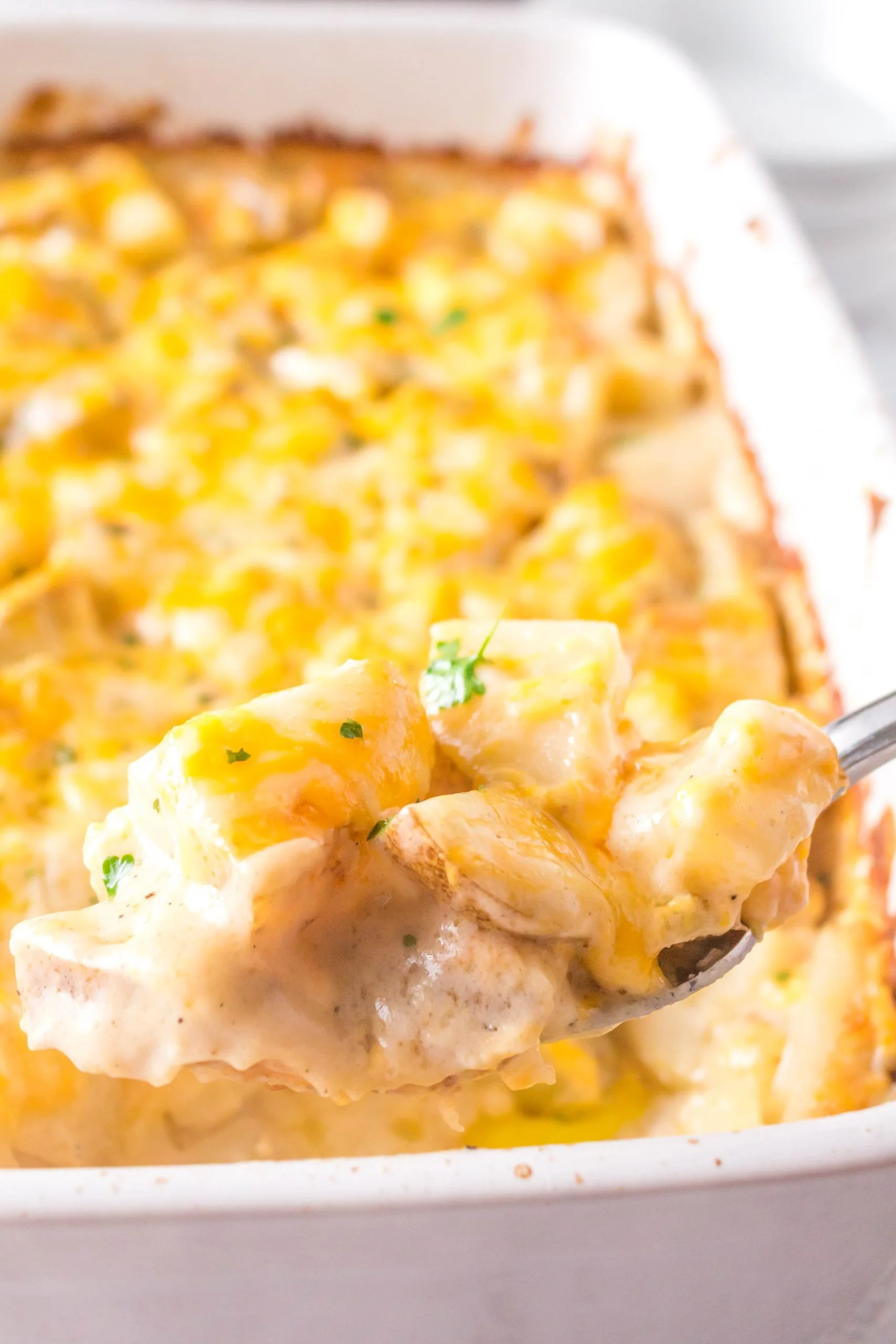 Close-up bight of cheesy potatoes casserole.