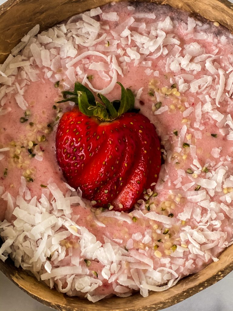 Close-up of a Strawberry Banana Smoothie Bowl.