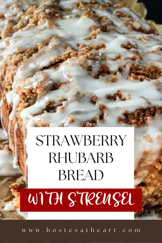 3/4 angle of strawberry rhubarb bread topped with streusel and a drizzle of glaze.