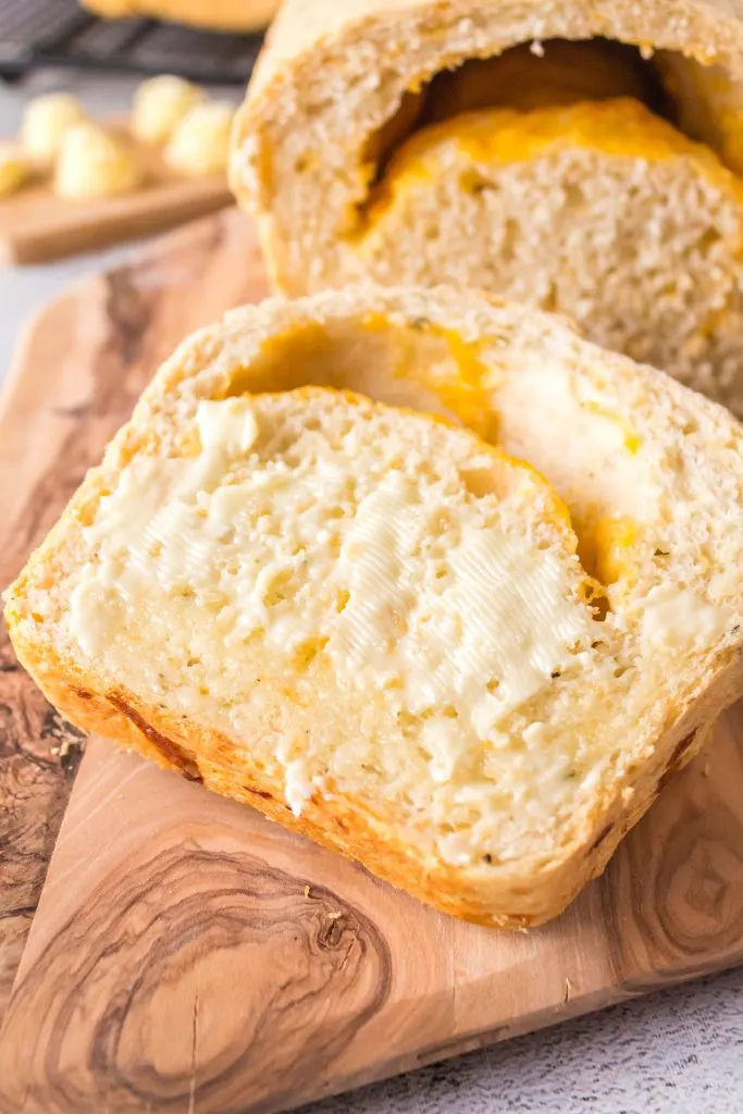 Sliced loaf of cheese bread.