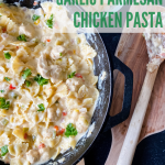 Top-down view of a skillet filled with parmesan chicken pasta.