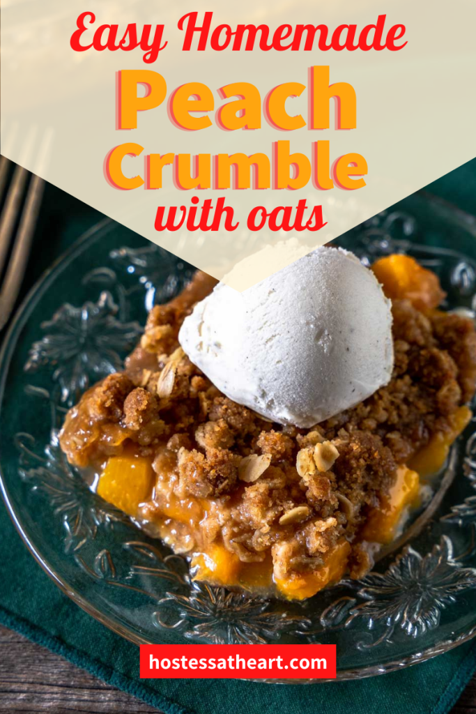 A slice of easy peach crumble on a plate topped with a scoop of ice cream.