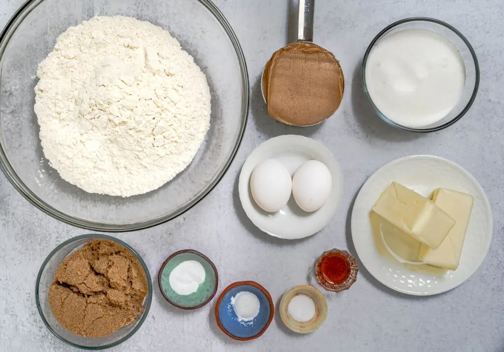 Top down view of ingredients used to make peanut butter cookies.
