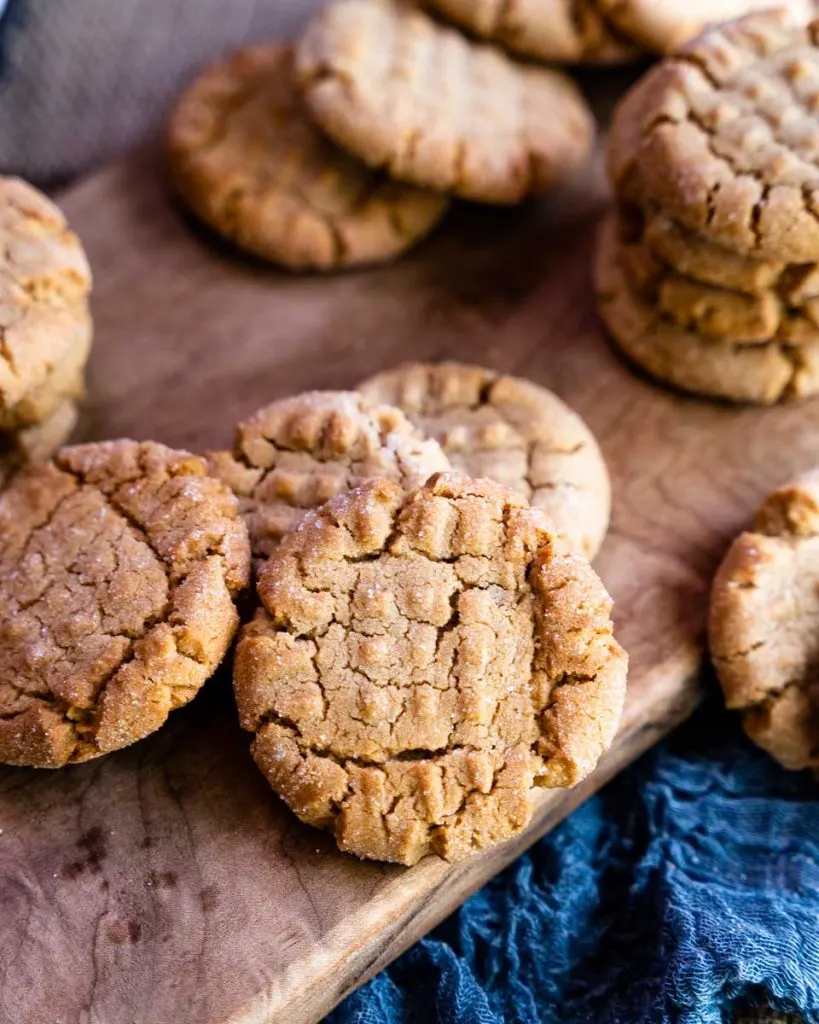 Top down view of the best peanut butter cookies on a cutting board.