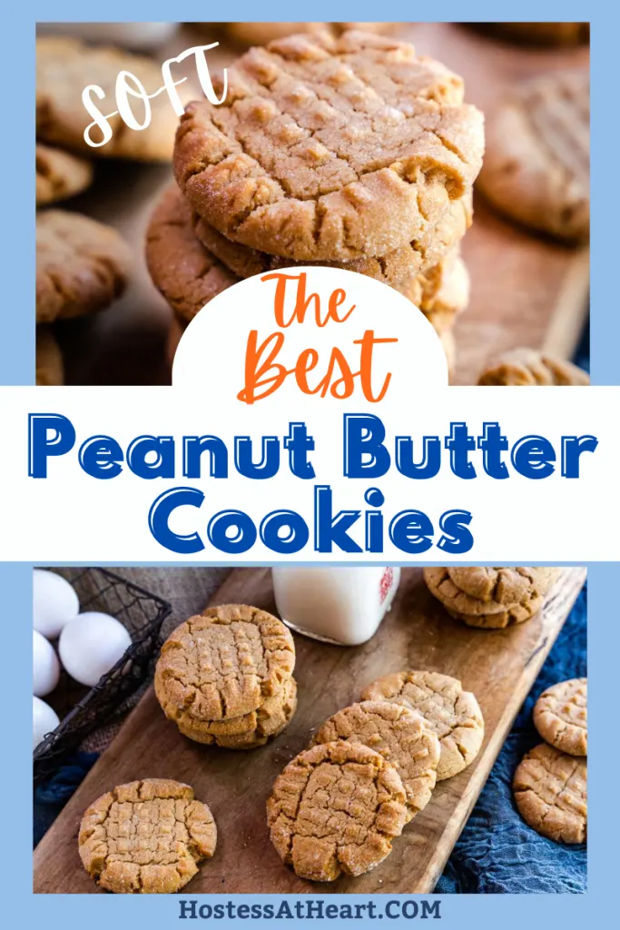 Two photo collage of baked pb cookies on a cutting board.