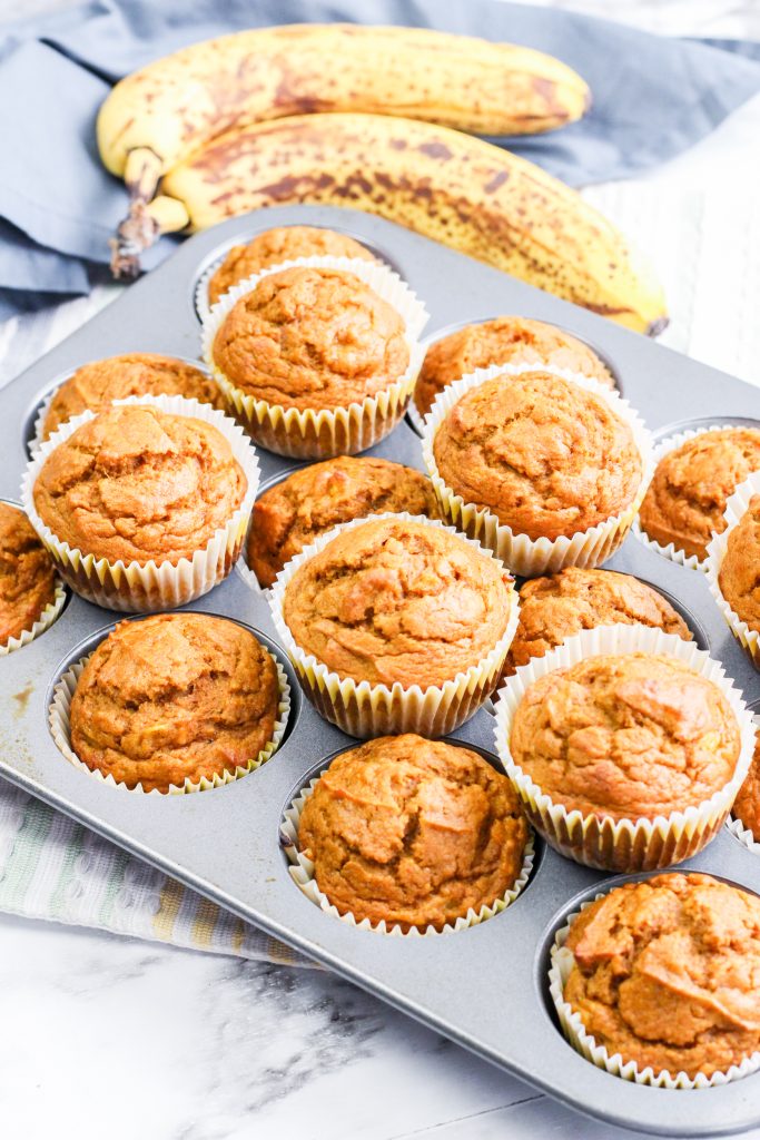 Top down view of pumpkin banana muffins.