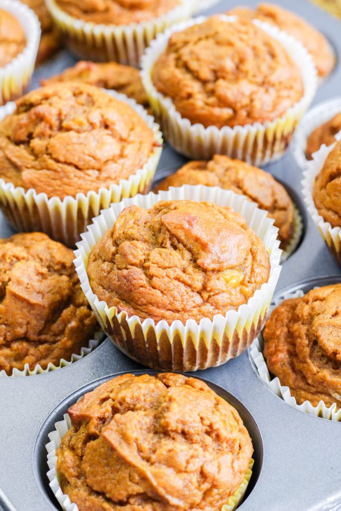 Finished stack of banana pumpkin muffins.