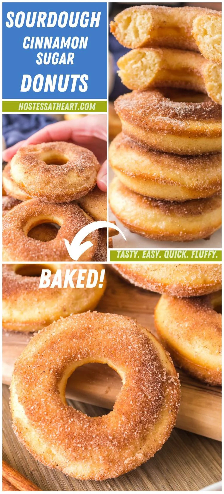 A collage of baked cinnamon and sugar sourdough donuts