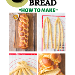 Collage of images for Pinterest showing the steps to braid challah bread and a photo of the baked challah braid