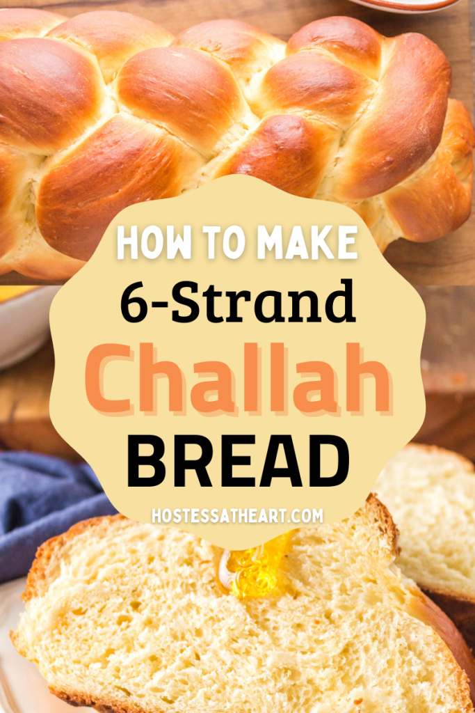 2-photo collage one of a braided challah loaf and the other of a slice of challah bread.