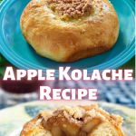 Two photo collage for Pinterest of a baked apple kolache and another image of the kolache cut in half showing the filling.