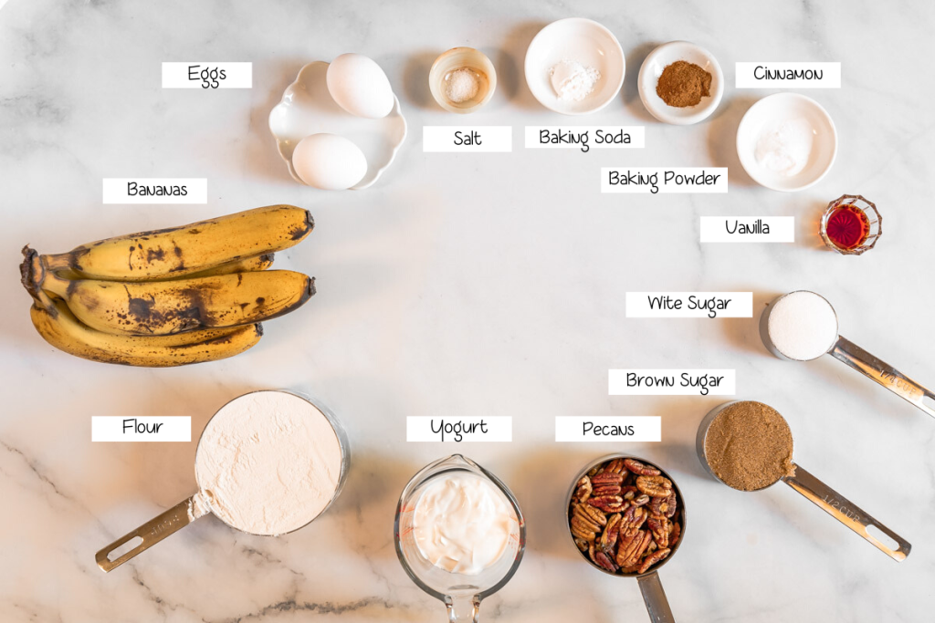 Top down view of ingredients used to make low fat banana muffins