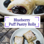 Two views of blueberry pastry rolls sitting on a plate with fresh blueberries.