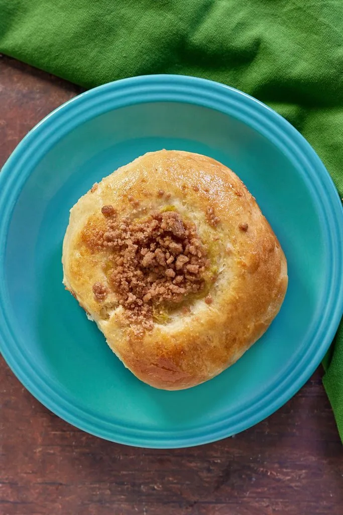 Close-up top-down view of a single apple kolache on a blue plate.